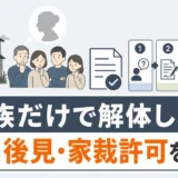 認知症の親名義の空き家を家族だけで解体せず、成年後見と家庭裁判所許可を確認することを示す図