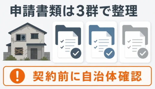 空き家解体補助金の申請書類を3群に分け、契約前に自治体確認することを示す図