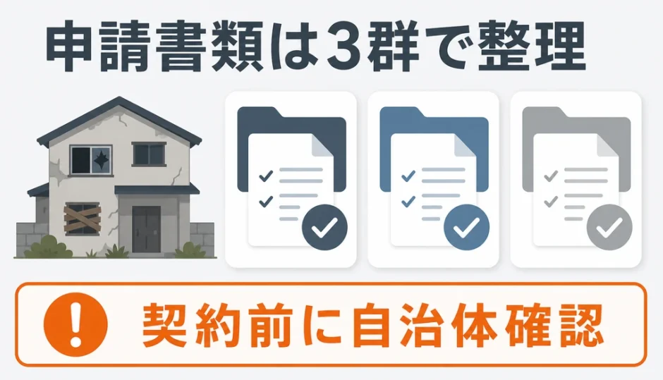 空き家解体補助金の申請書類を3群に分け、契約前に自治体確認することを示す図